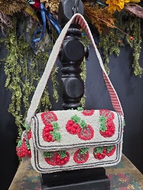 Beaded Cream Shoulder Bag with Red & Green Cherry Embellishments